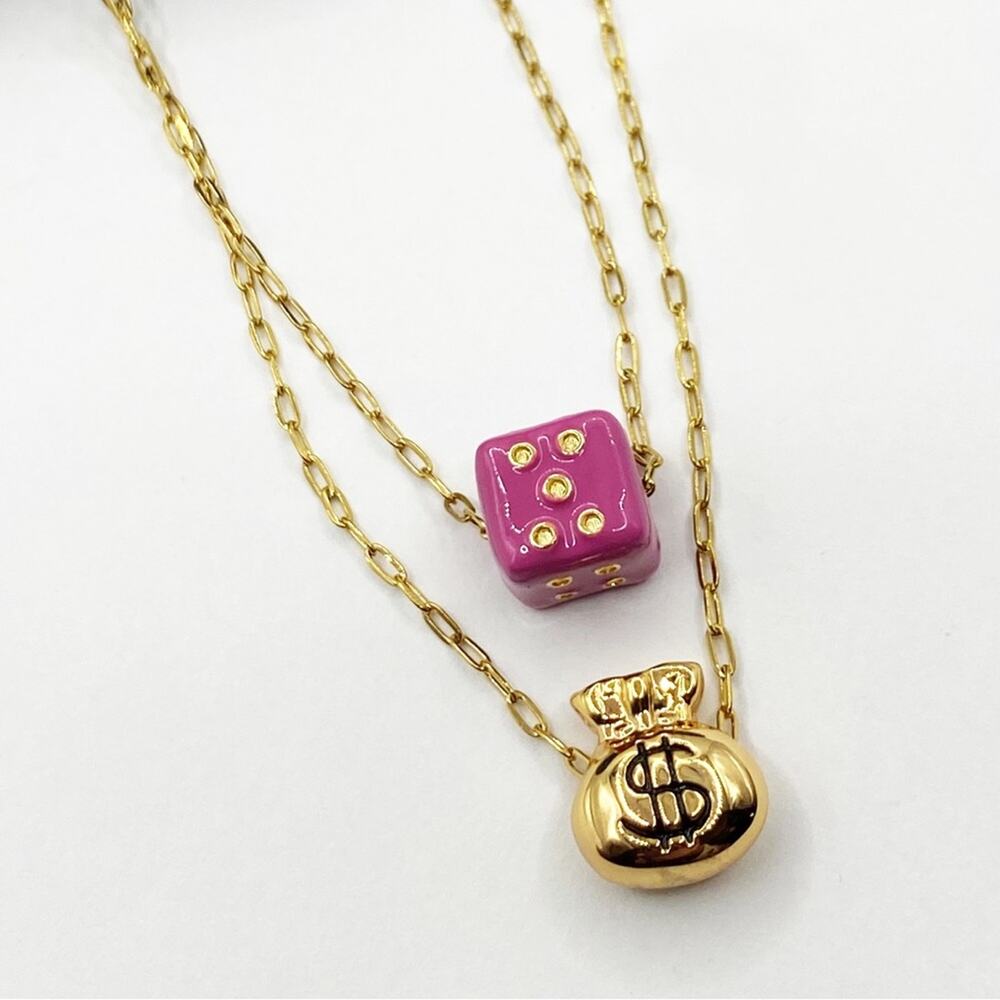 NEW Gold Money Bag & Pink Dice Layered Necklace